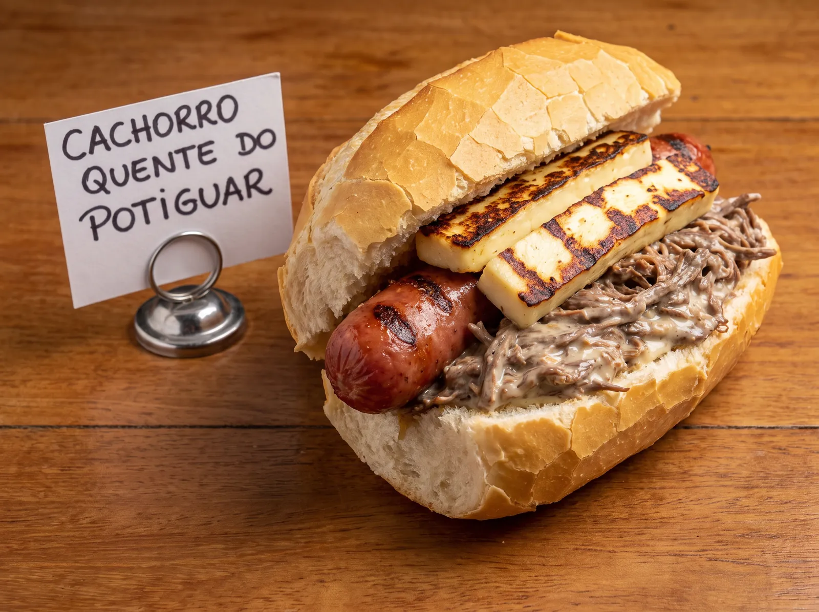 Cachorro quente do Potiguar no pão francês, com carne na nata e queijo coalho
