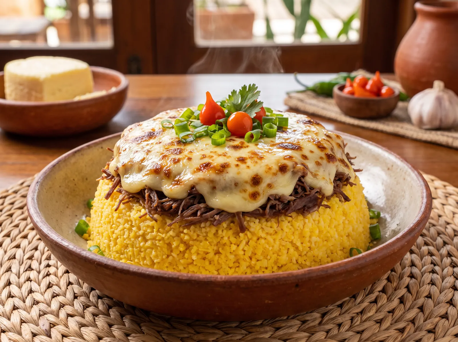 Prato de cuscuz gourmet do Café Potiguar, coberto de carne de sol e queijo minas